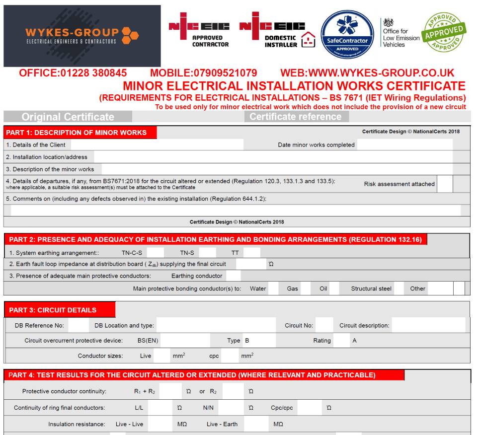 Minor Works Certificates in Carlisle, Cumbria